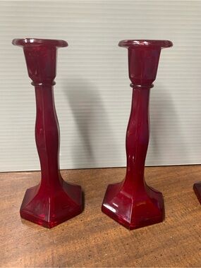 Vintage Red Glass Candlestick Holders - Pair